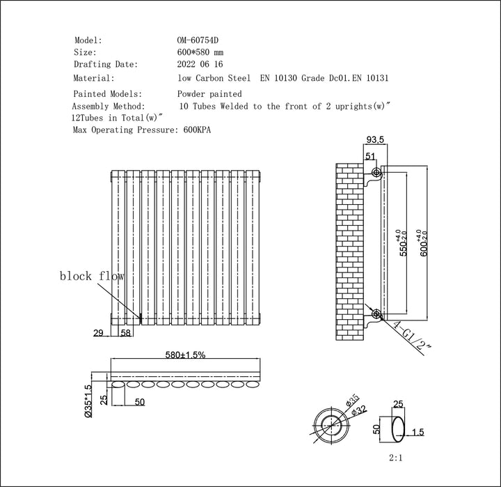 Omeara - Anthracite Horizontal Radiator H600mm x W580mm Single Panel