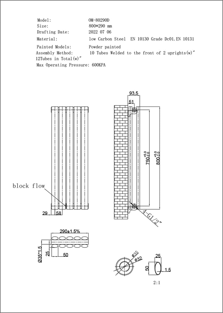 Omeara - Anthracite Designer Radiator H800mm x W290mm Double Panel - Feet Included