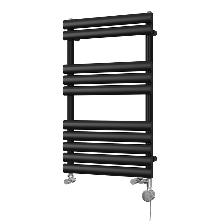 Omeara - Black Dual Fuel Towel Rail H825mm x W500mm Thermostatic