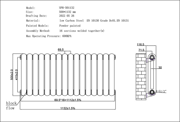 Sherwood - Anthracite Round Top Column Radiator H500mm x W1132mm 2 Column