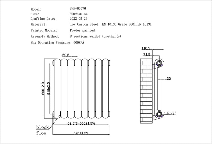 Sherwood - Anthracite Round Top Column Electric Radiator H600mm x W576mm 2 Column 300w Thermostatic WIFI