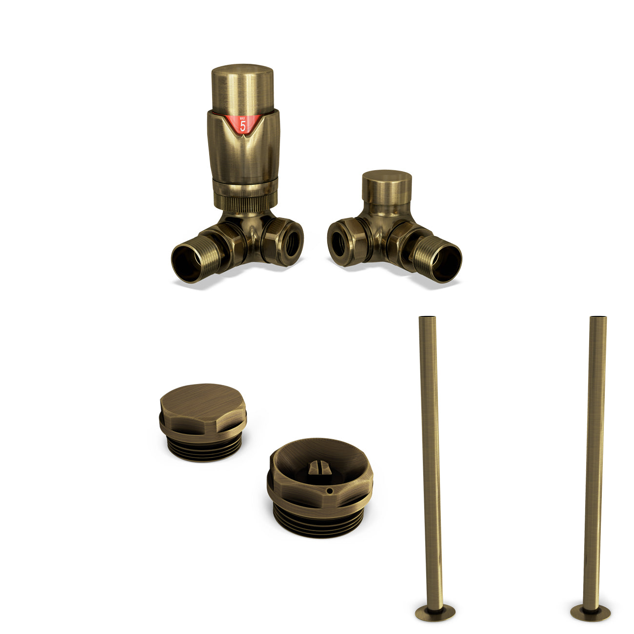 Stirling Bold - Antique Brass Thermostatic Radiator Valve & Installation Kit Corner 15mm