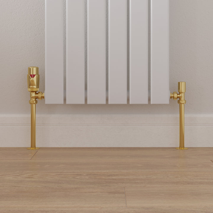 Stirling Bold - Polished Brass Thermostatic Radiator Valve & Installation Kit Angled 15mm