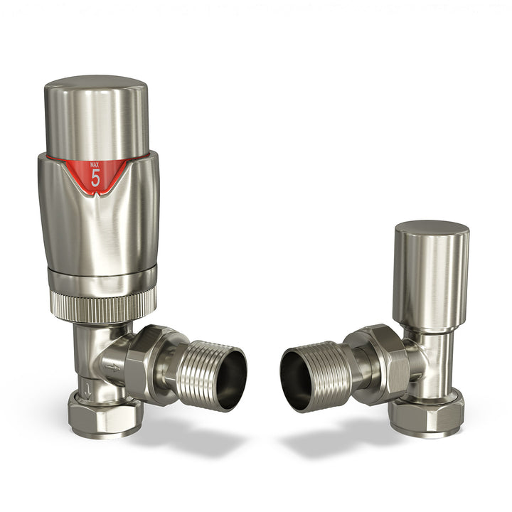 Stirling Bold - Silver Nickel Thermostatic Radiator Valve & Lockshield Angled 10mm