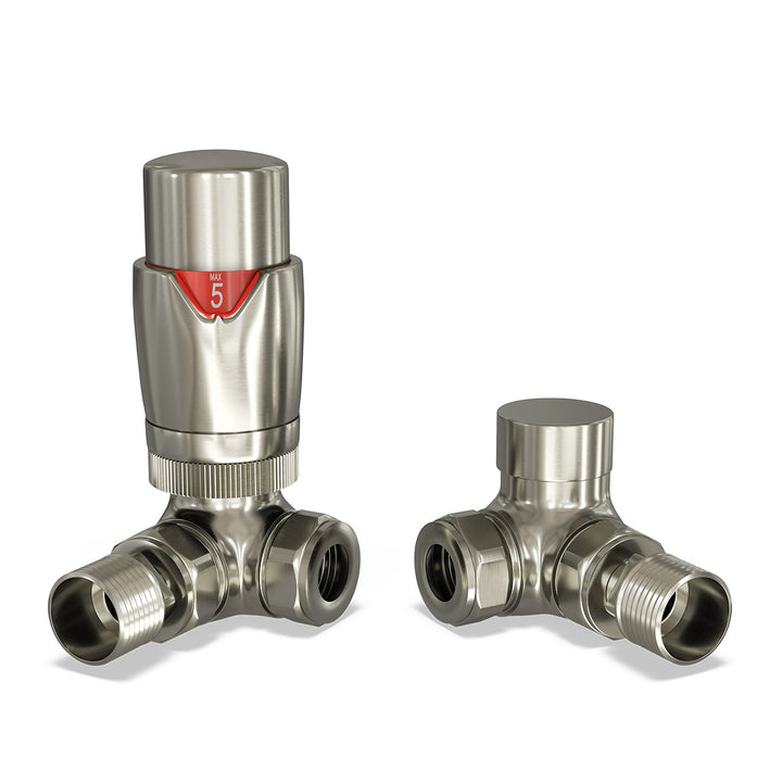 Stirling Bold - Silver Nickel Thermostatic Radiator Valve & Lockshield Corner 10mm