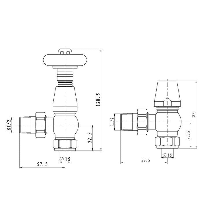Stirling Traditional angled 15mm thermostatic radiator valve and lockshield technical drawing showing dimensions and connection measurements.