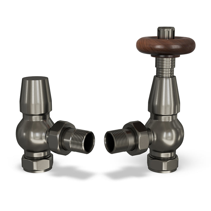 Stirling Traditional - Pewter Thermostatic Radiator Valve & Lockshield Angled 15mm