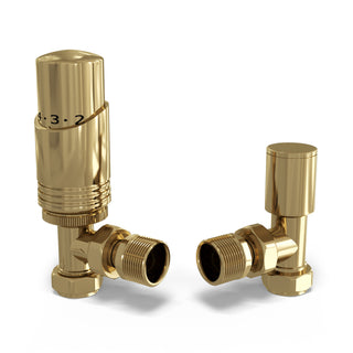 Talus Bold polished brass angled thermostatic radiator valve and lockshield, 15mm