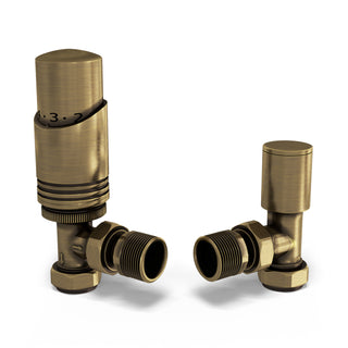 Talus Bold brushed antique brass angled thermostatic radiator valve and lockshield, 15mm