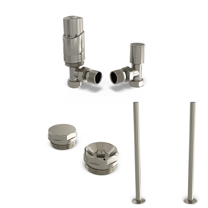 Talus Bold - Silver Nickel Thermostatic Radiator Valve & Lockshield Angled Installation Kit 15mm