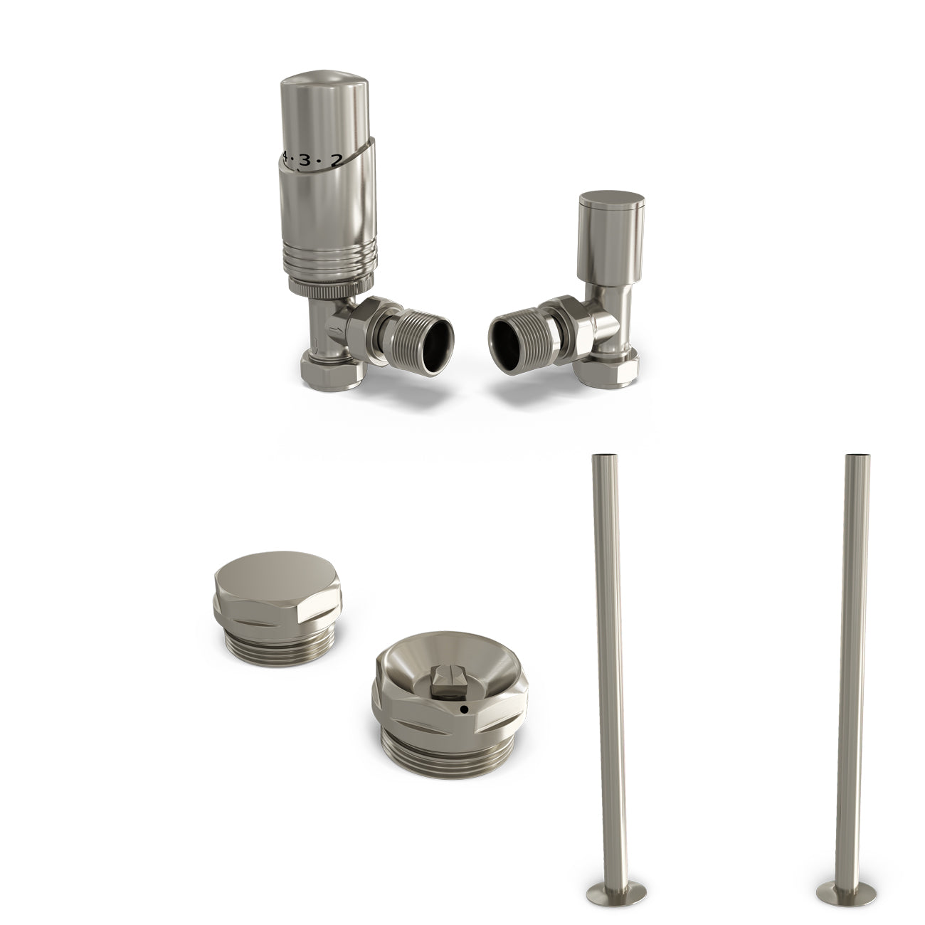 Talus Bold - Silver Nickel Thermostatic Radiator Valve & Installation Kit Angled 15mm