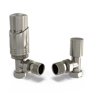 Talus Bold brushed silver nickel angled thermostatic radiator valve and lockshield, 15mm