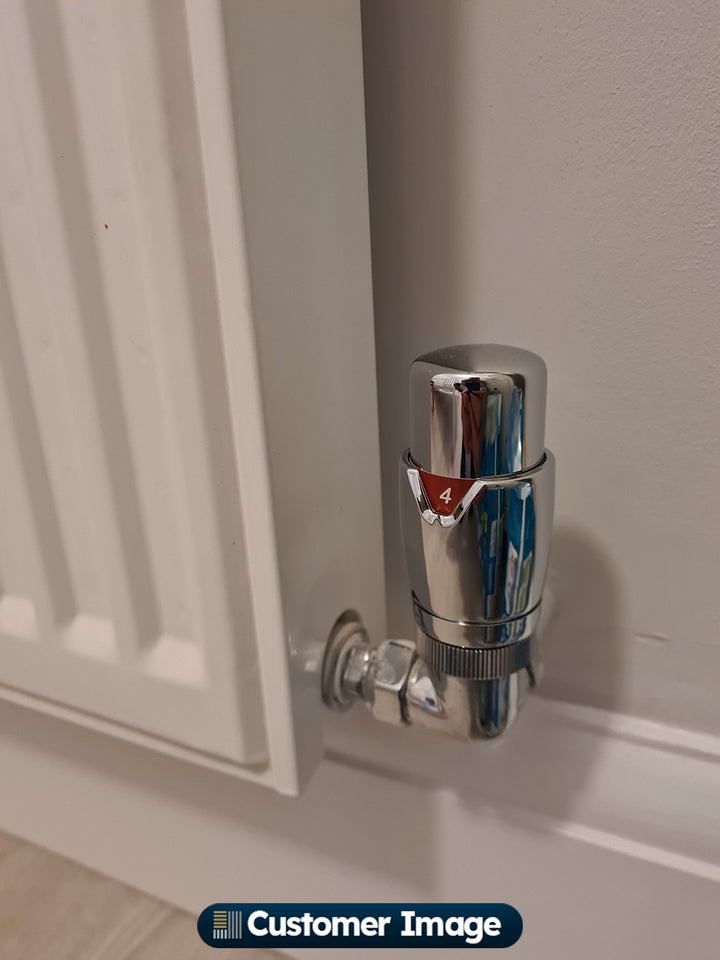 UK Radiators - Talus Flair Thermostatic Radiator Valve Chrome Corner installed in room