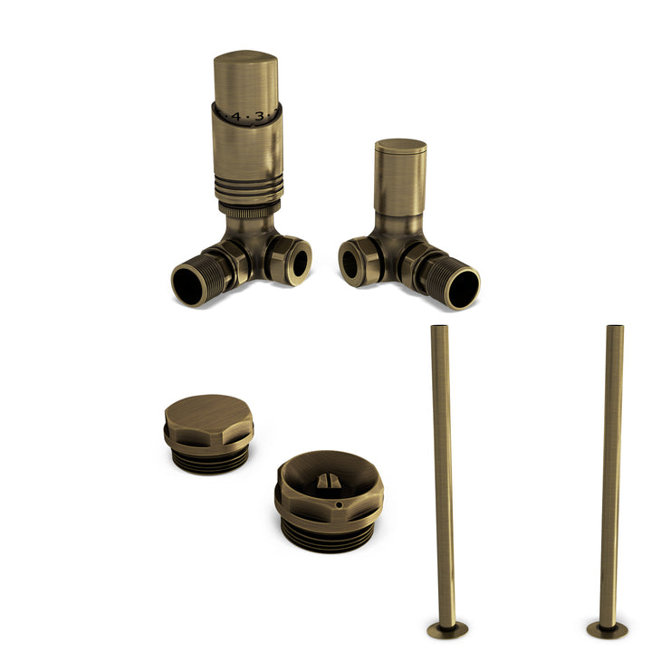 Talus Bold - Antique Brass Thermostatic Radiator Valve & Installation Kit Corner 15mm