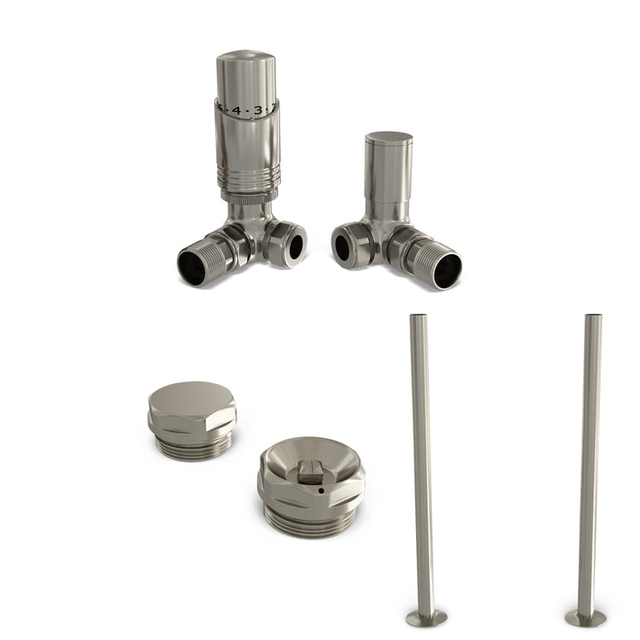 Talus Bold - Silver Nickel Thermostatic Radiator Valve & Installation Kit Corner 15mm