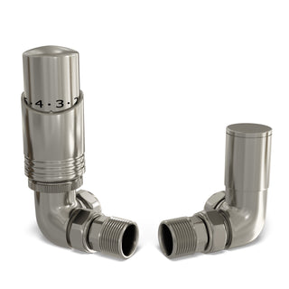 Talus Bold brushed silver nickel corner thermostatic radiator valve and lockshield, 15mm
