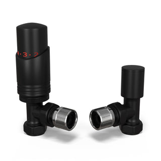 Talus Bold matt black angled thermostatic radiator valve and lockshield, 15mm