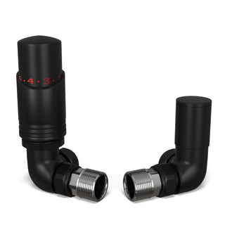 Talus Bold matt black corner thermostatic radiator valve and lockshield, 15mm