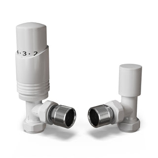 Talus Bold gloss white angled thermostatic radiator valve and lockshield, 15mm