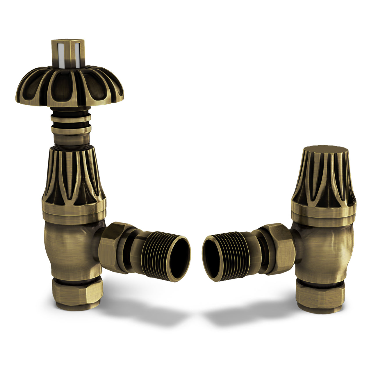 Signature Metal Head - Antique Brass Thermostatic Radiator Valve & Lockshield Angled 15mm