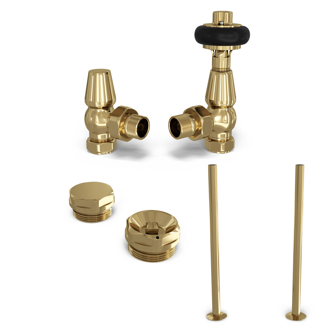 Signature Wooden Head - Polished Brass Thermostatic Radiator Valve & Installation Kit Angled 15mm