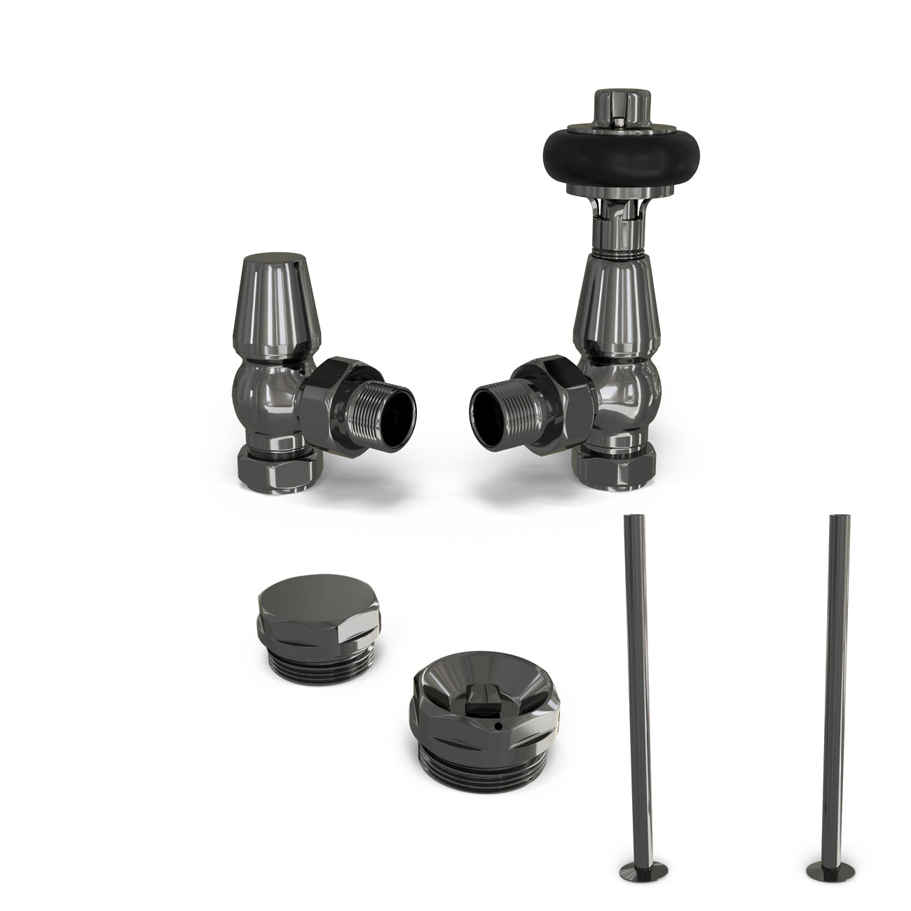 Signature Wooden Head - Black Nickel Thermostatic Radiator Valve & Installation Kit Angled 15mm