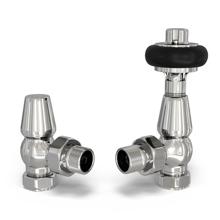 Signature Wooden Head - Chrome Thermostatic Radiator Valve & Lockshield Angled 15mm