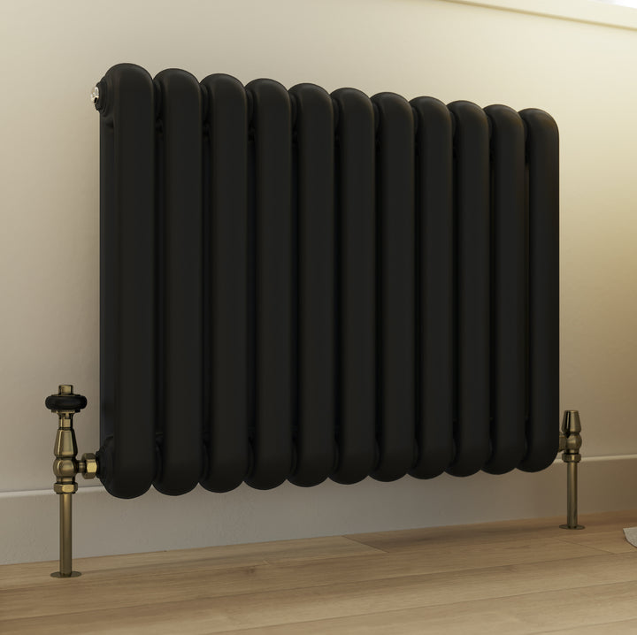 Signature Wooden Head - Antique Brass Thermostatic Radiator Valve & Lockshield Angled 15mm