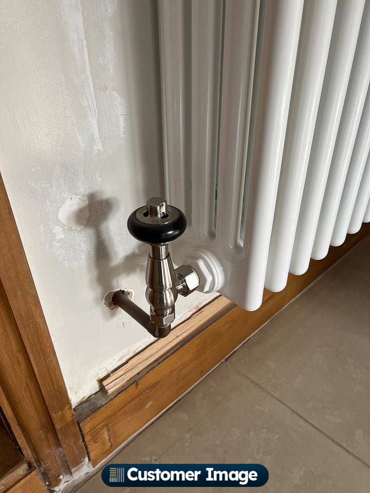 Signature Wooden Head - Silver Nickel Thermostatic Radiator Valve & Lockshield Angled 15mm