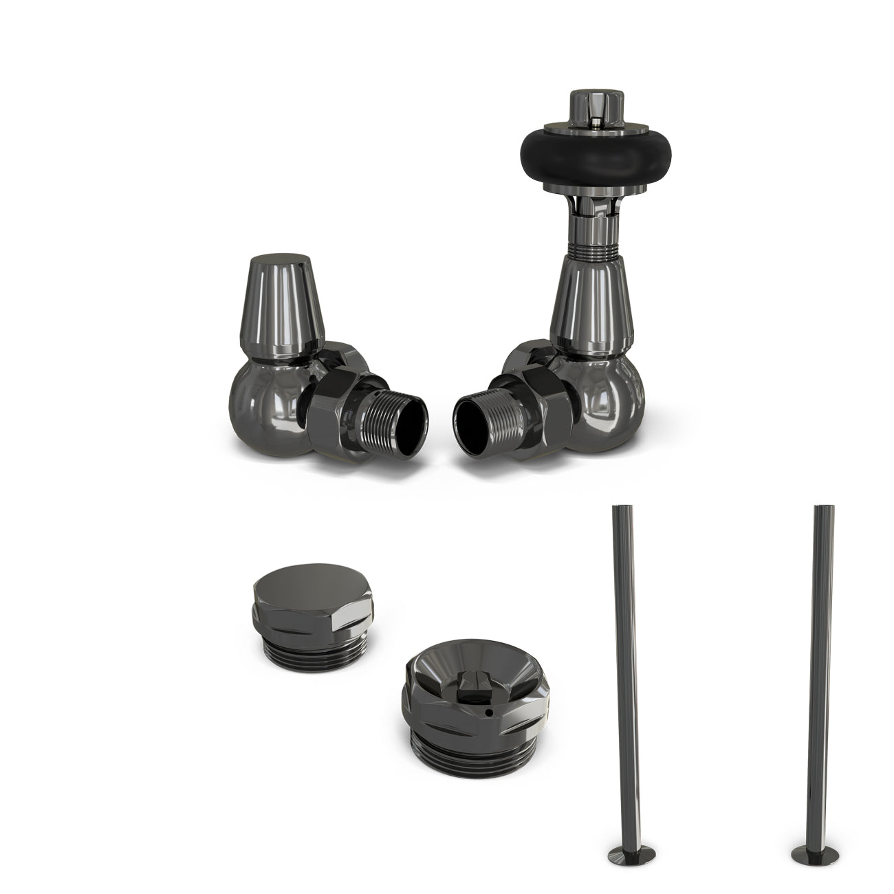 Signature Wooden Head - Black Nickel Thermostatic Radiator Valve & Installation Kit Angled 15mm