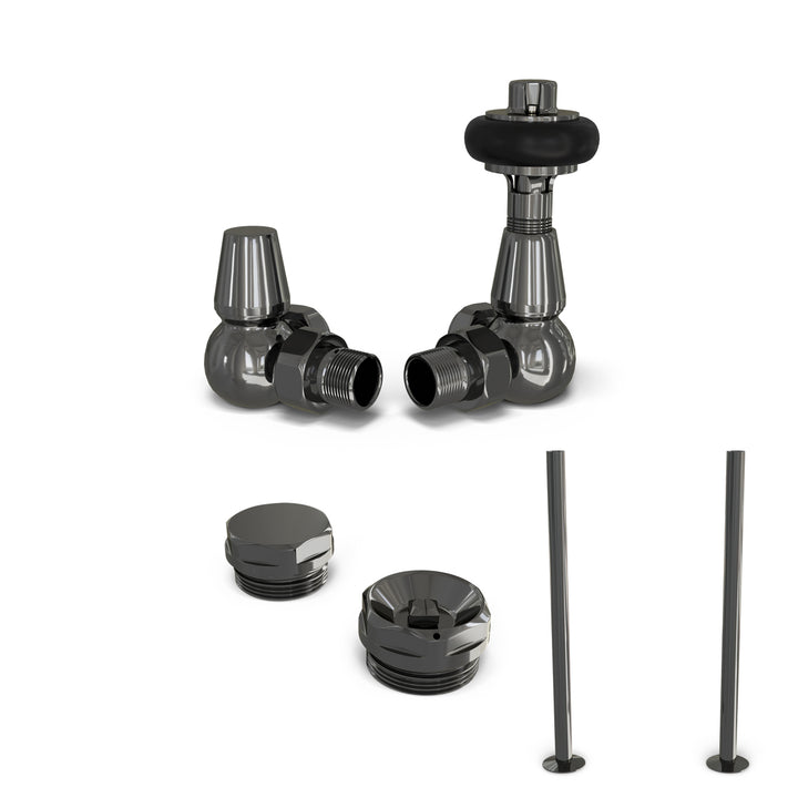 Signature Wooden Head - Black Nickel Thermostatic Radiator Valve & Installation Kit Angled 15mm