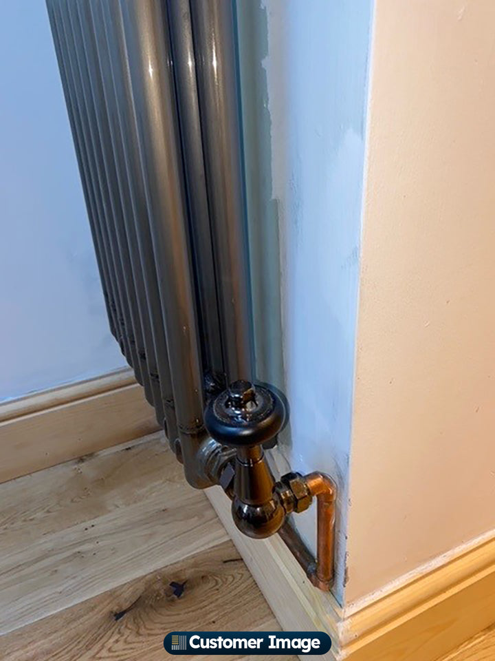 Signature Wooden Head - Black Nickel Thermostatic Radiator Valve & Installation Kit Angled 15mm
