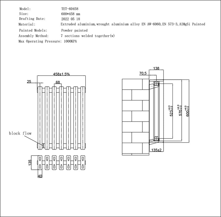 Temple - Black Square Tube Column Radiator H600mm x W458mm