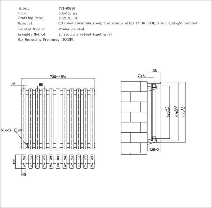 Temple - White Square Tube Column Radiator H600mm x W730mm