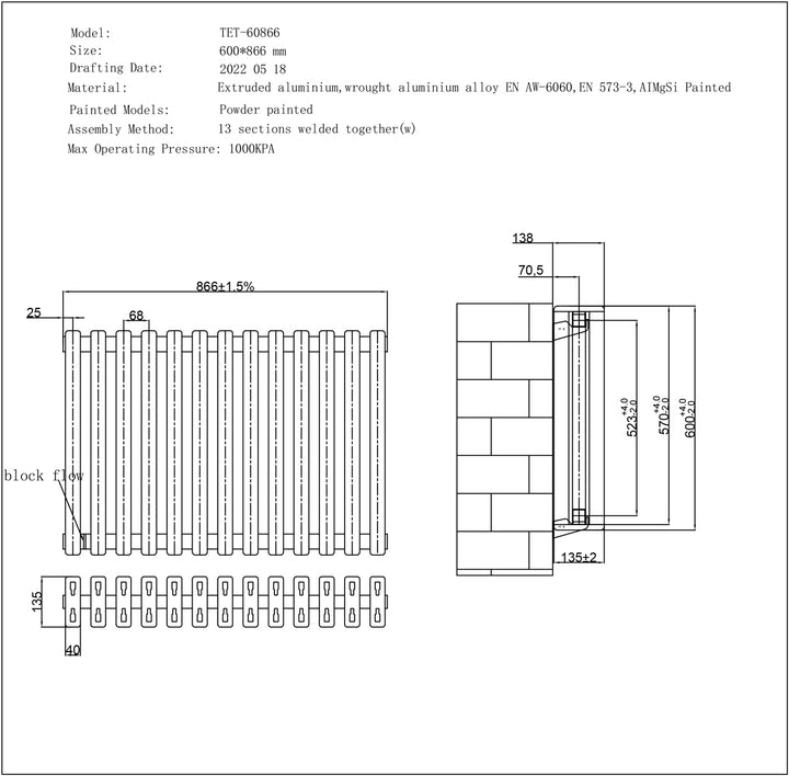 Temple - Black Square Tube Column Radiator H600mm x W886mm