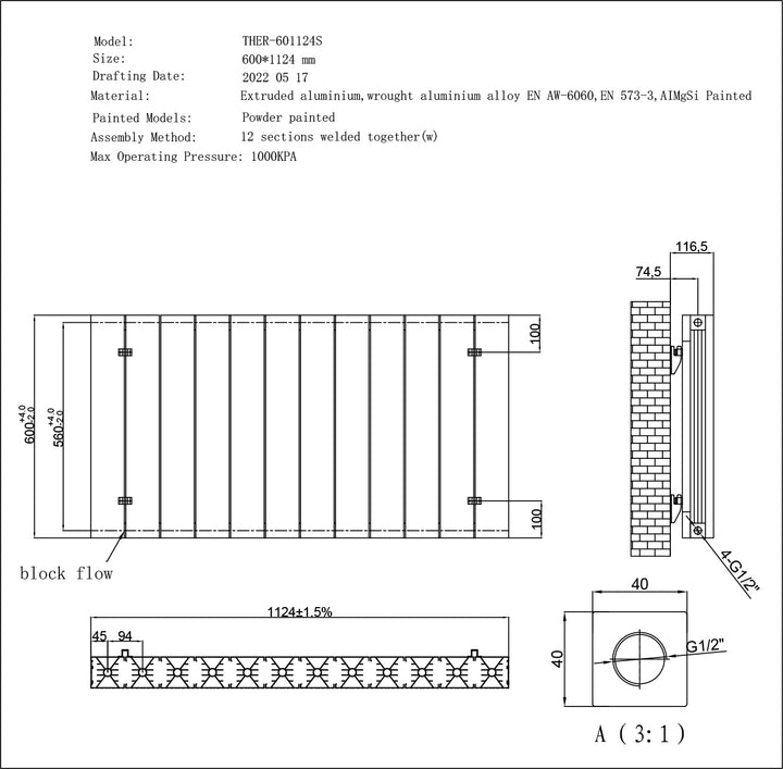 Thetford - White Horizontal Electric Radiator Double Panel H600mm x W1124mm Smooth 1200w Thermostatic WIFI