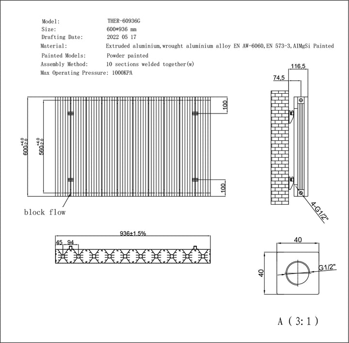 Thetford - Anthracite Horizontal Radiator Double Panel H600mm x W936mm Grooved