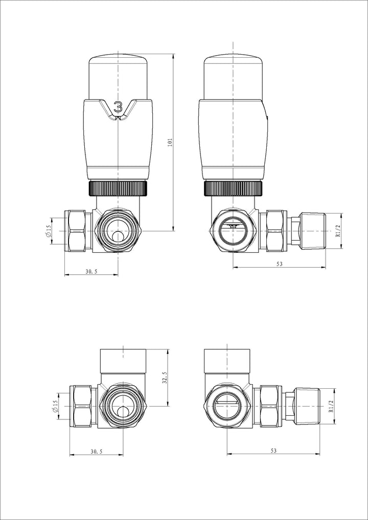 Stirling Bold - Antique Brass Thermostatic Radiator Valve & Lockshield Corner 15mm