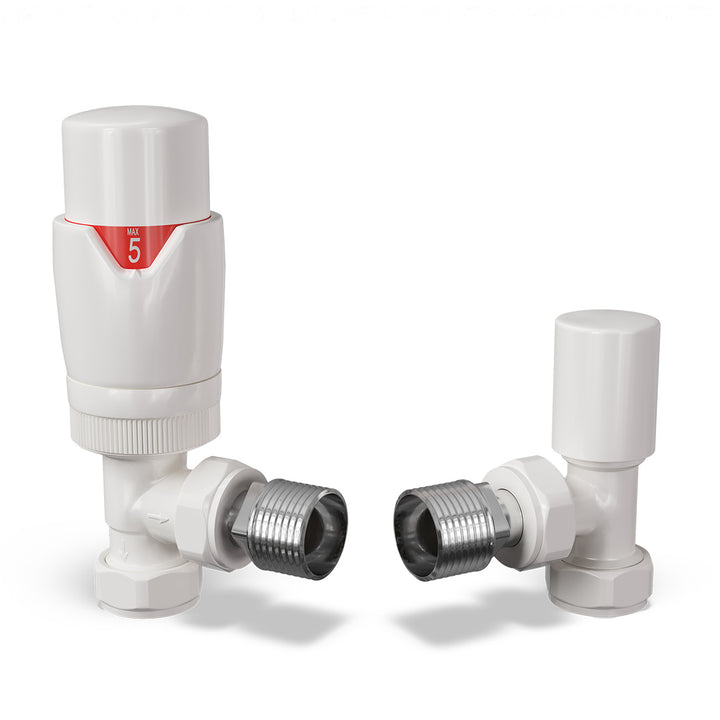 Stirling Bold - White Thermostatic Radiator Valve & Lockshield Angled 15mm