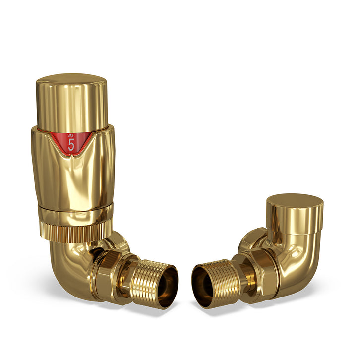Stirling Bold - Polished Brass Thermostatic Radiator Valve & Lockshield Corner 10mm