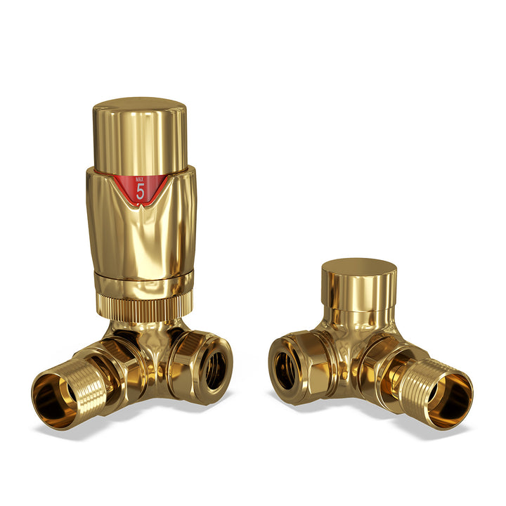 Stirling Bold - Polished Brass Thermostatic Radiator Valve & Lockshield Corner 10mm