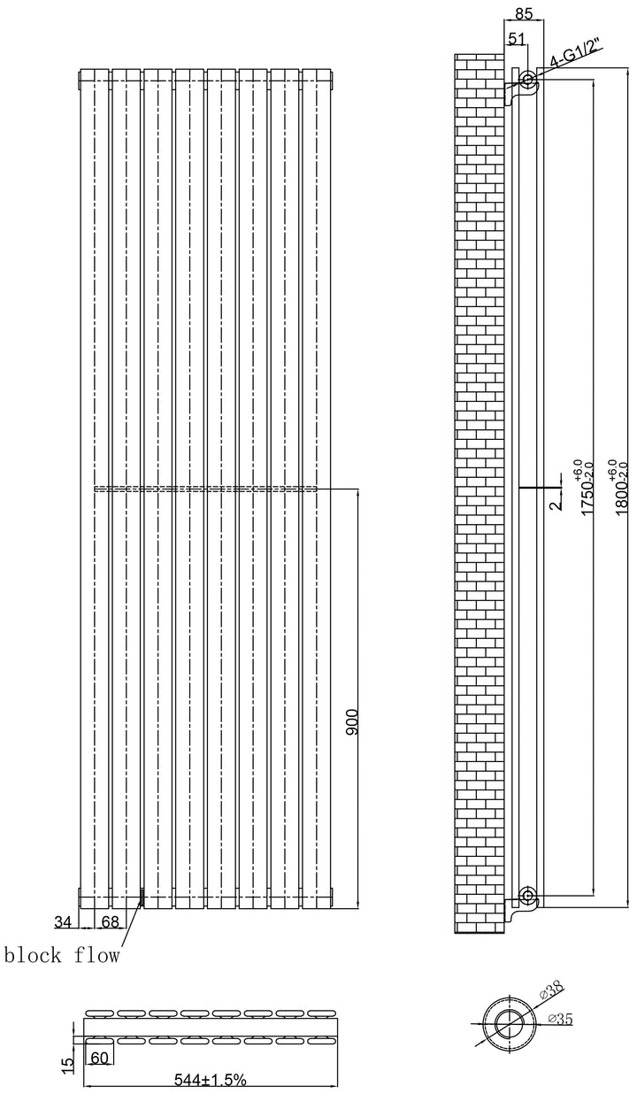 Typhoon - Anthracite Designer Radiator H1800mm x W544mm Double Panel - Feet Included