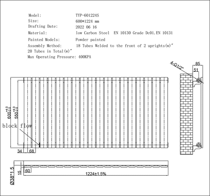 Typhoon - Black Designer Radiator H600mm x W1224mm Single Panel - Feet Included