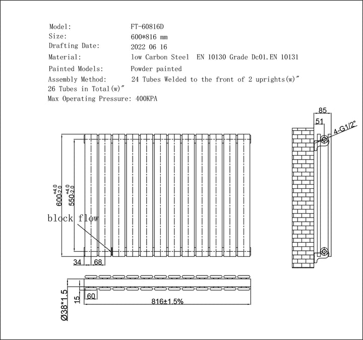 Typhoon Anthracite Horizontal Electric Radiator H600 x W816mm Double Panel 800w Thermostatic WIFI - Feet Included