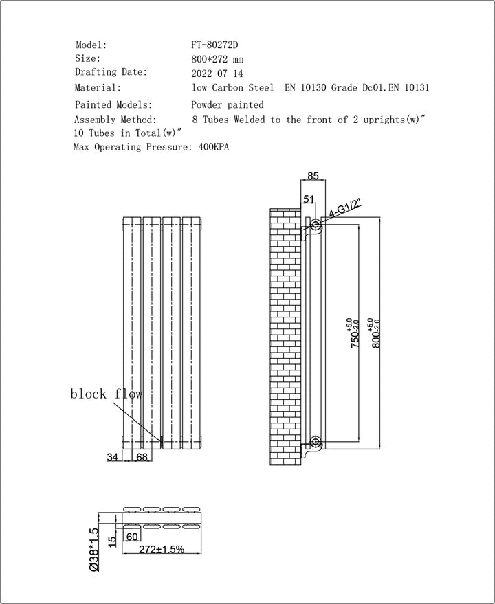 Typhoon - White Designer Radiator H800mm x W272mm Double Panel - Feet Included