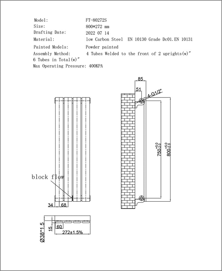 Typhoon - Black Designer Radiator H800mm x W272mm Single Panel - Feet Included