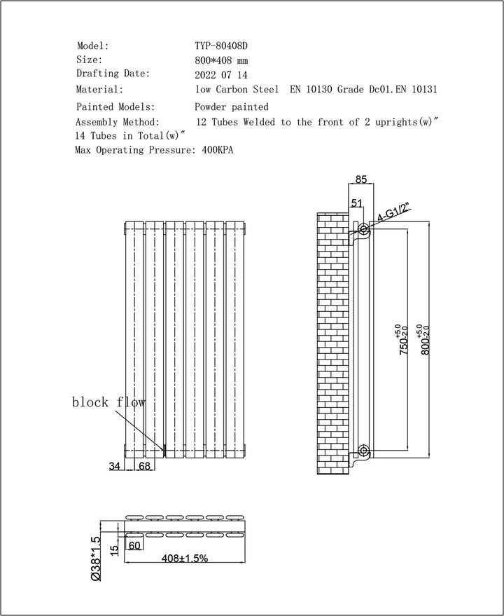 Typhoon - Anthracite Designer Radiator H800mm x W408mm Double Panel - Feet Included