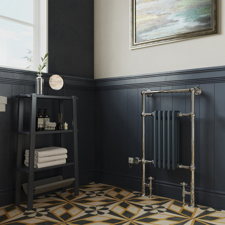 Adisham - Anthracite Traditional Dual Fuel Towel Rail H963mm x W538mm Thermostatic - Floor Standing