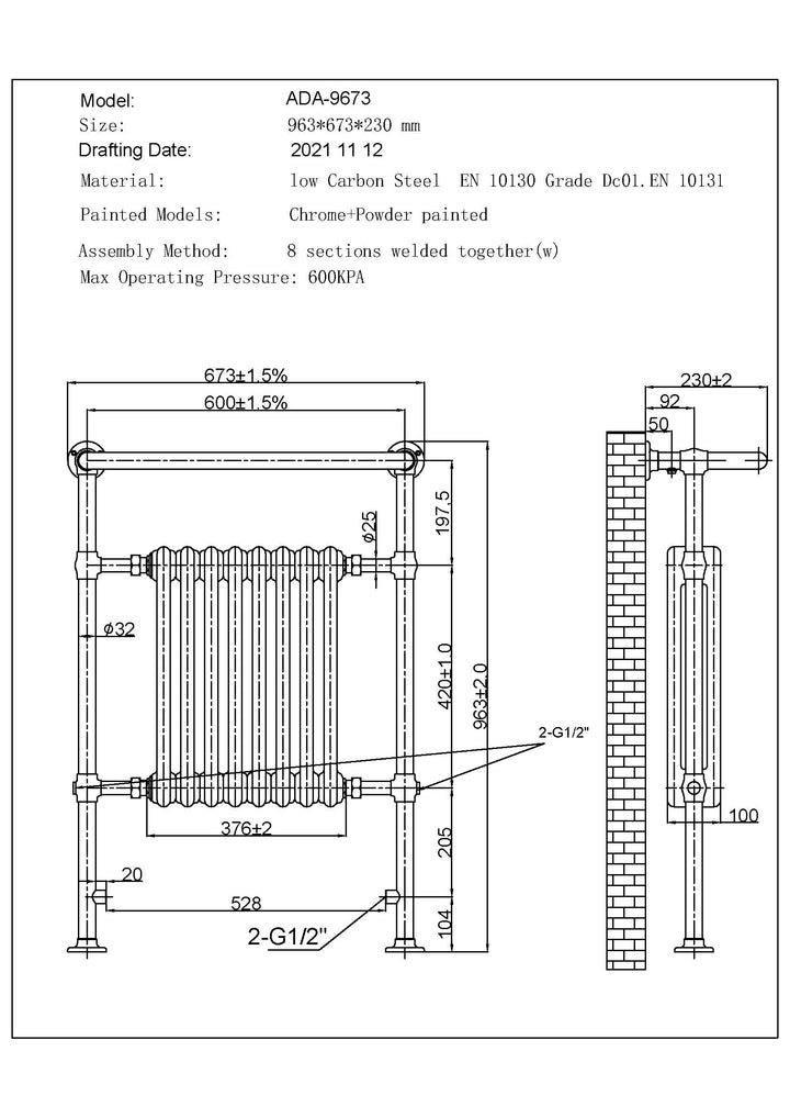 Arundel - Traditional Dual Fuel Towel Rail H963mm x W673mm Thermostatic WIFI - Floor Standing