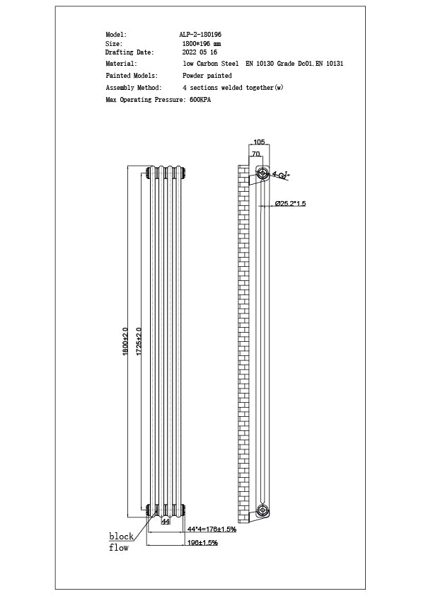 Alpha - White Vertical Column Radiator H1800mm x W196mm 2 Column
